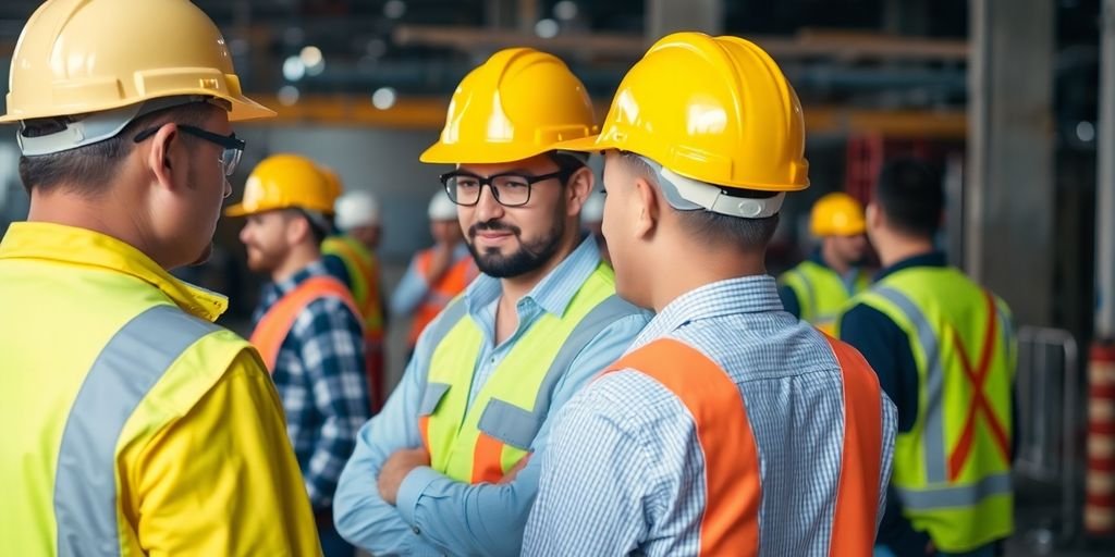 Técnicos em segurança do trabalho em uma obra.