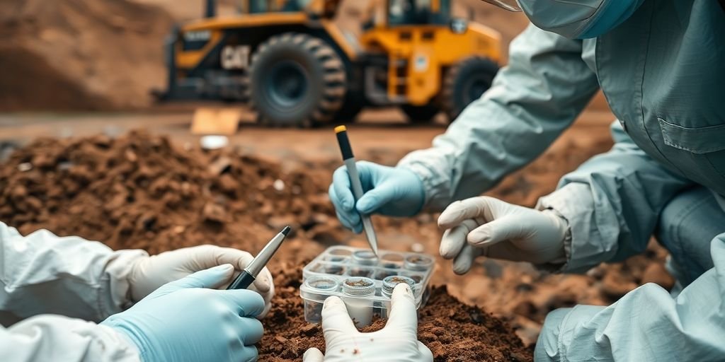 Técnicos analisando solo contaminado em área de mineração.