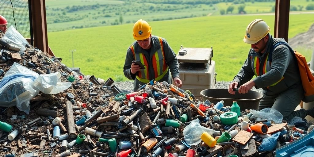 Técnicos em mineração trabalhando com materiais reciclados.