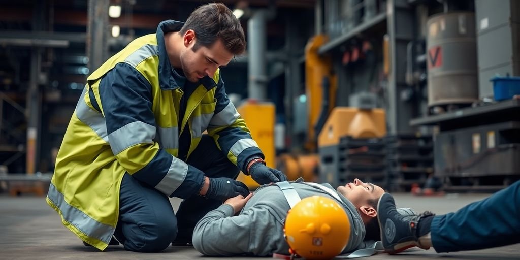 Técnico prestando primeiros socorros a trabalhador ferido.