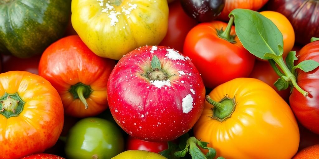 Frutas e vegetais com resíduos de pesticidas visíveis.