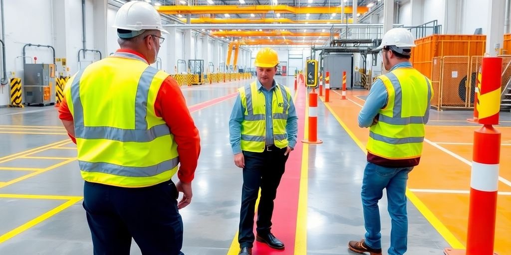 Técnicos de segurança em área industrial bem marcada.