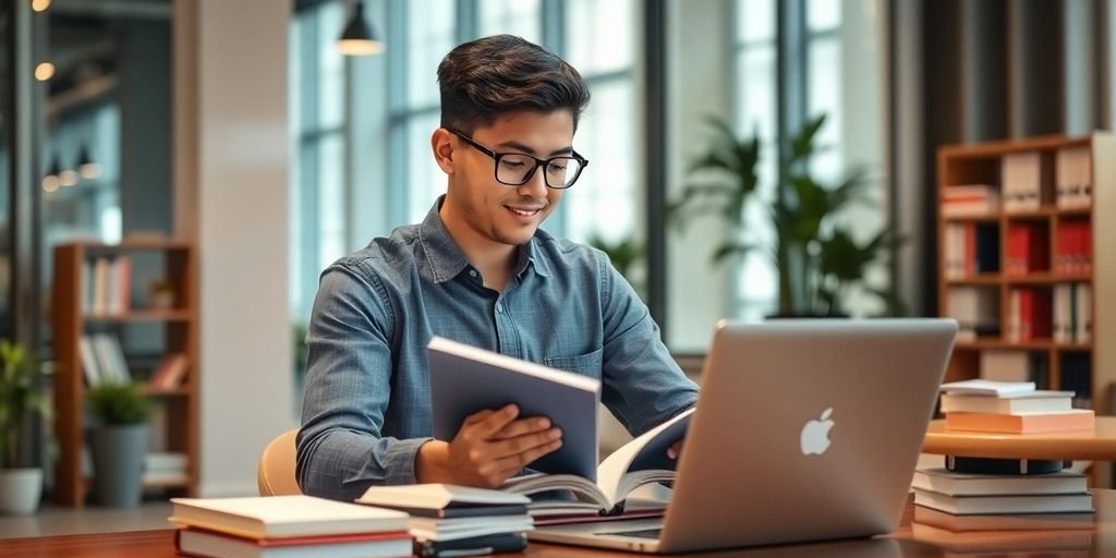 Jovem profissional estudando com livros e laptop.