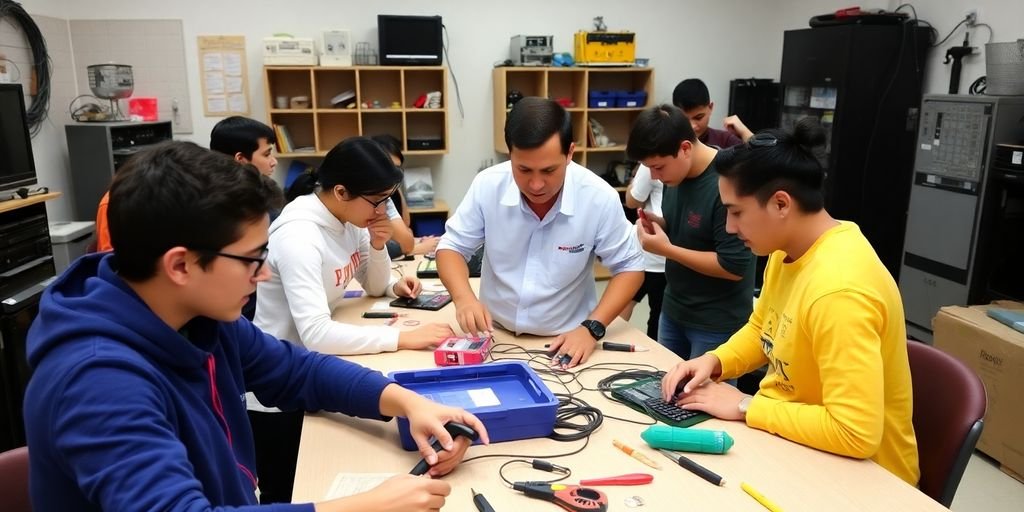 Sala de aula cheia de alunos em projetos de Eletrotécnica.