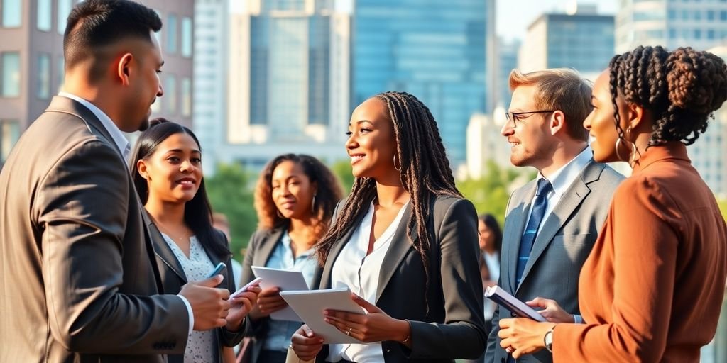 Grupo diverso de profissionais em networking urbano.