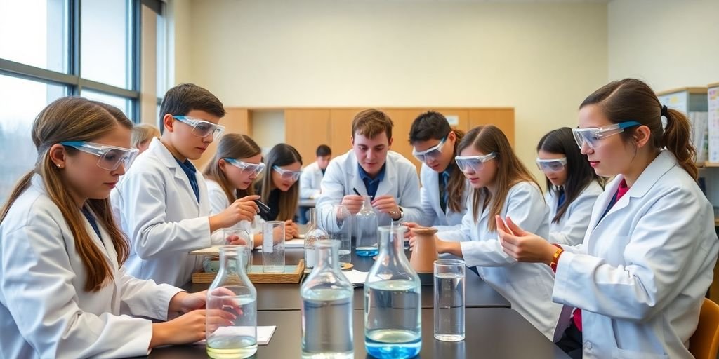 Alunos em laboratório de química realizando experimentos práticos.