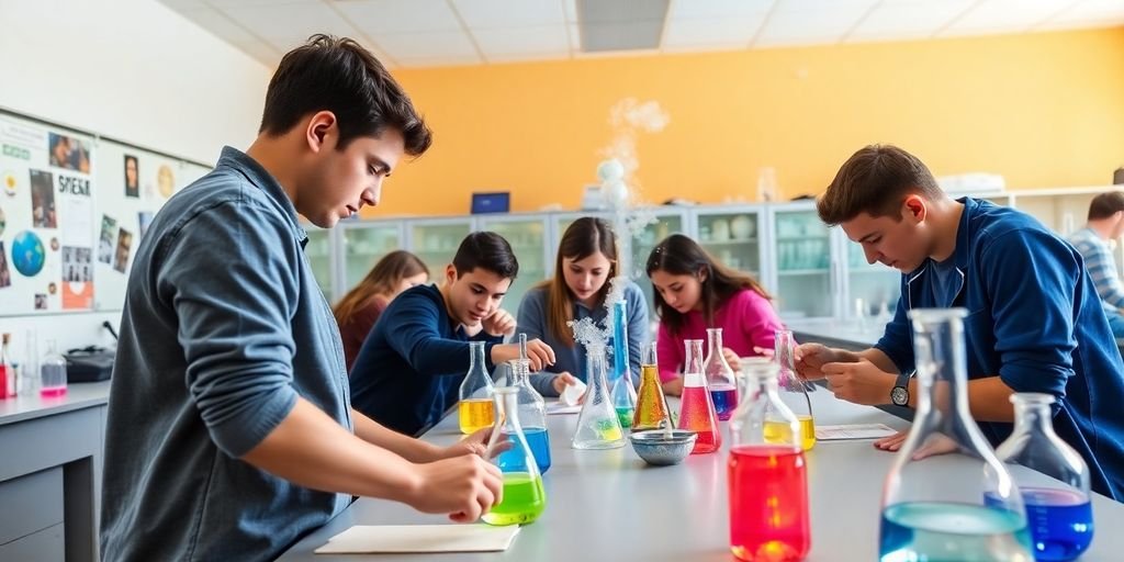 Estudantes realizando experimentos práticos de química.