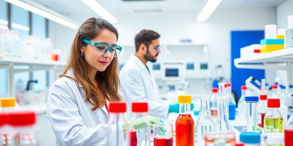 Técnico em laboratório com equipamentos químicos na Eurofarma.