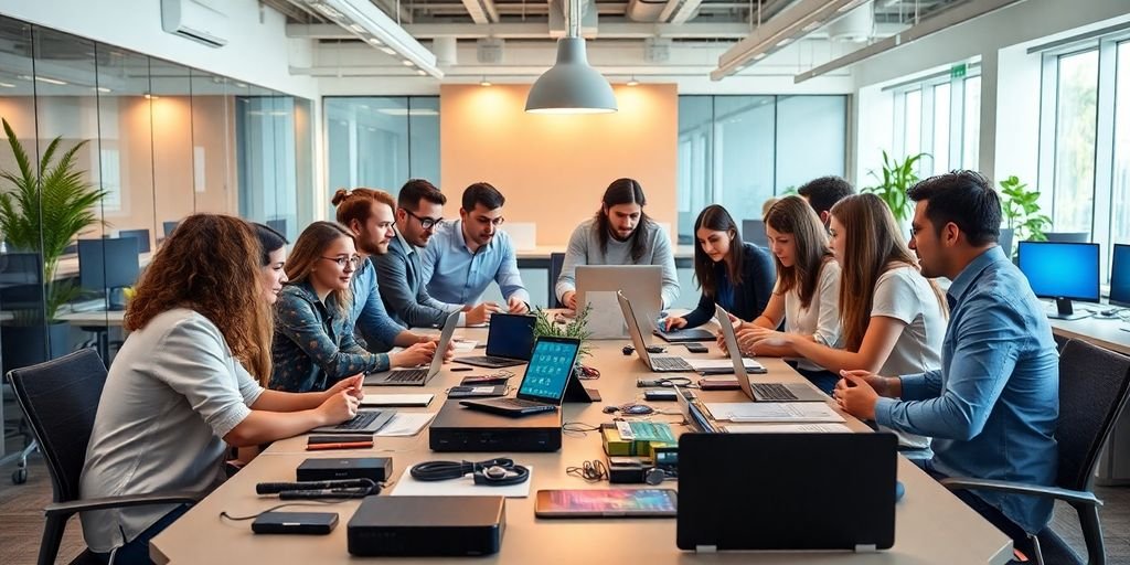 Ambiente corporativo vibrante com colaboradores e tecnologia.