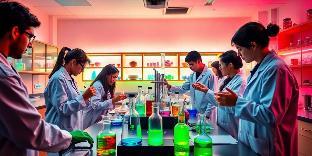 Estudantes em laboratório de química na Uniorka.