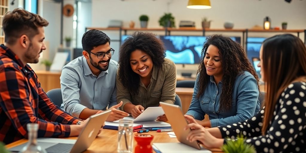 Grupo diverso de empreendedores discutindo estratégias de negócios.