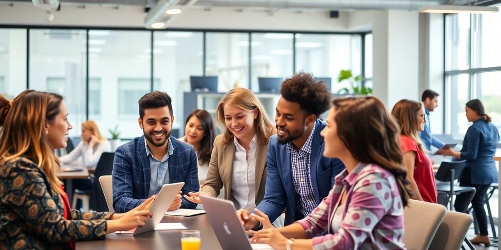 Profissionais diversos colaborando em um ambiente de trabalho.