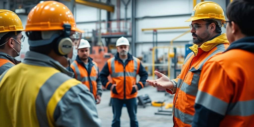 Técnico em segurança do trabalho com colaboradores em treinamento.