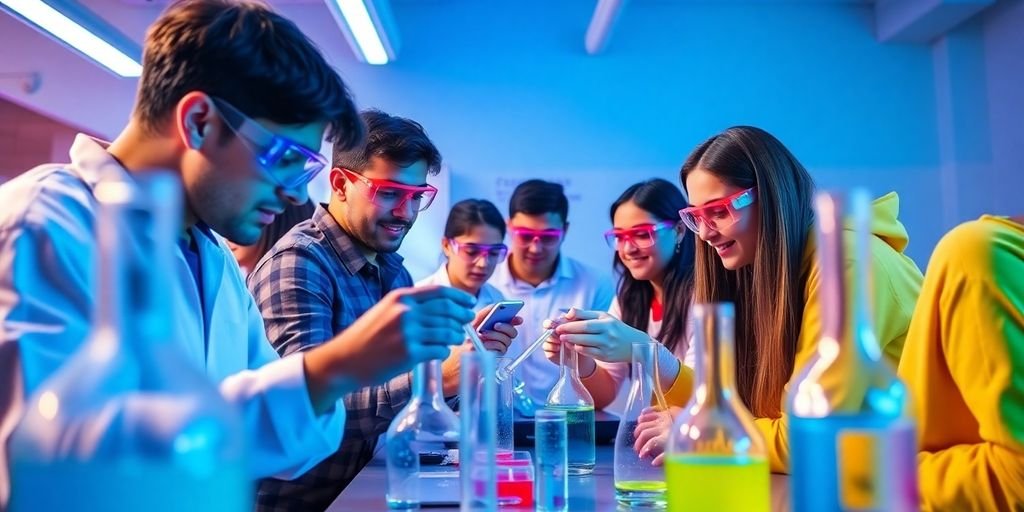 Estudantes em laboratório de química, usando óculos de segurança.