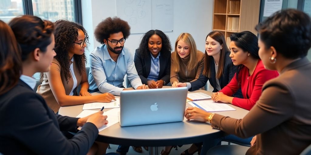 Grupo diverso discutindo estratégias de carreira.