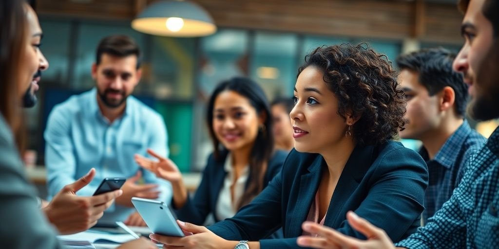 Pessoa em reunião colaborativa, ambiente de trabalho dinâmico.