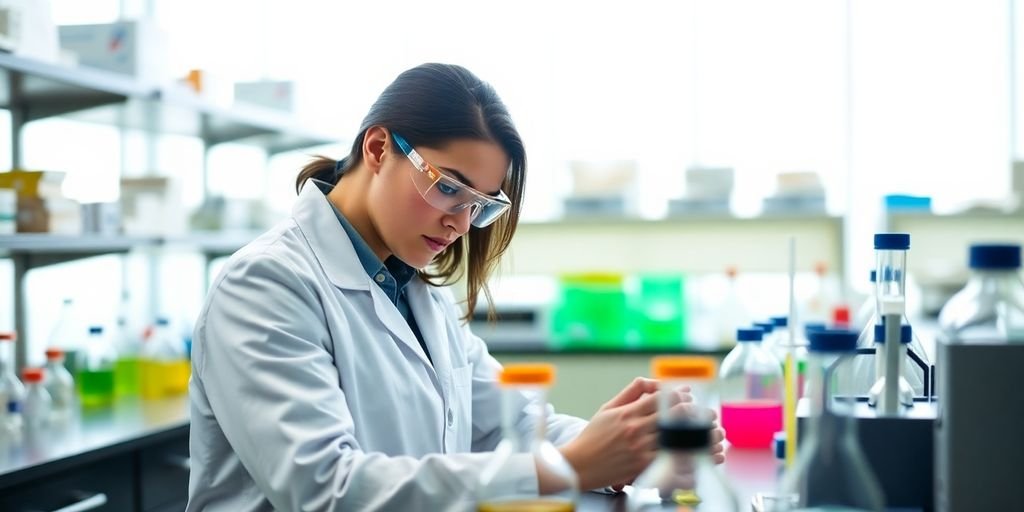 Técnico em Química em laboratório com equipamentos e reagentes.