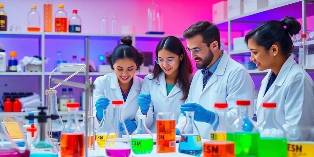 Técnicos em Química da Uniorka trabalhando em laboratório.