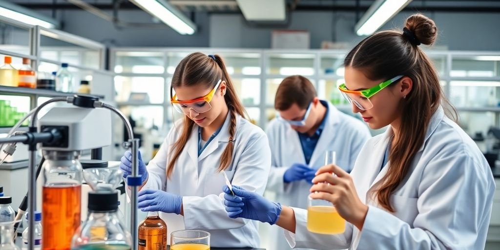 Técnicos em química trabalhando em laboratório com equipamentos.