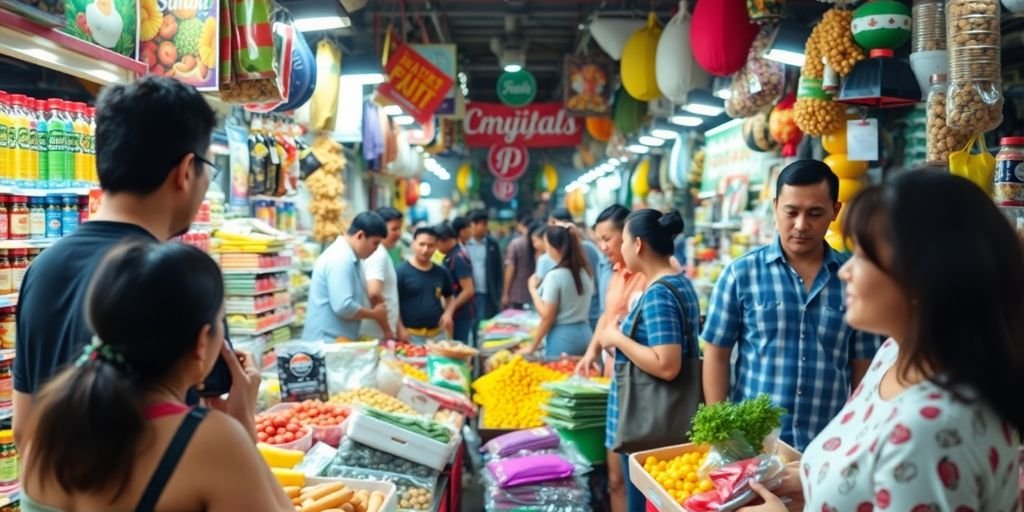 Cena de mercado vibrante com produtos e consumidores.