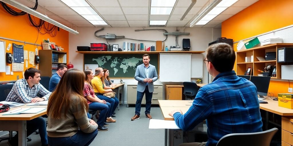 Sala de aula moderna com alunos e professor