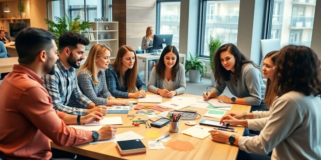 Reunião de equipe diversificada em um escritório moderno.