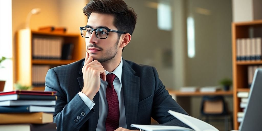 Profissional pensando em especialização com livros e laptop.