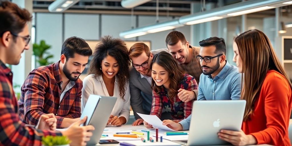 Empreendedores colaborando em um ambiente de trabalho moderno.