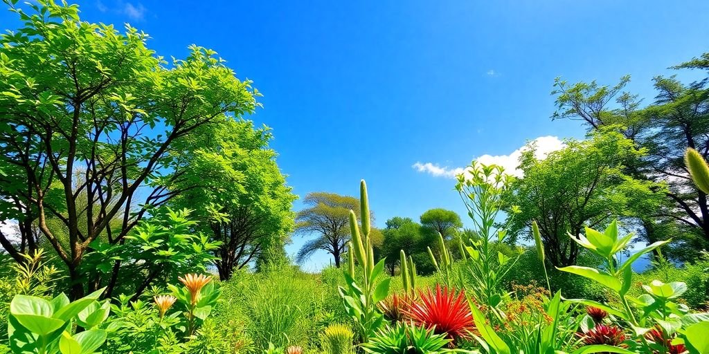 Paisagem vibrante com plantas e árvores saudáveis.