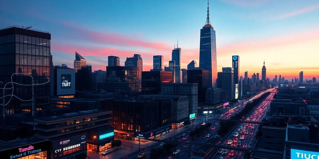 Cidade futurista iluminada por tecnologia e luzes de neon.