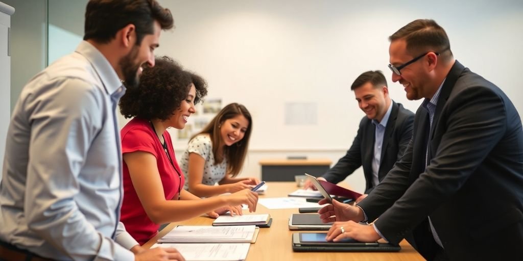 Pessoas colaborando em um ambiente profissional de trabalho.