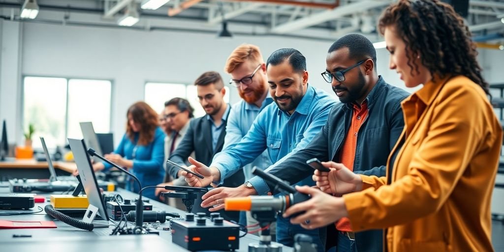 Profissionais diversos trabalhando juntos em ambiente técnico.