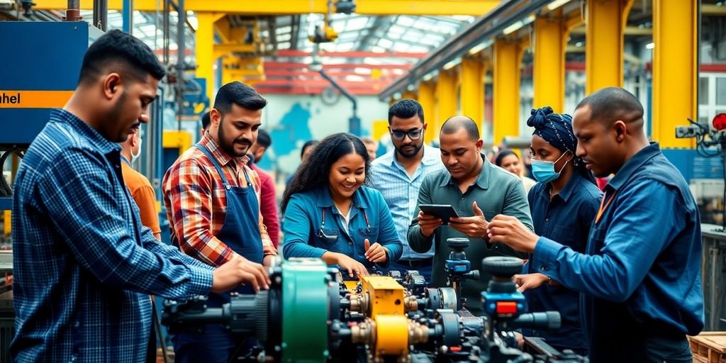 Equipe industrial colaborando em ambiente de fábrica.