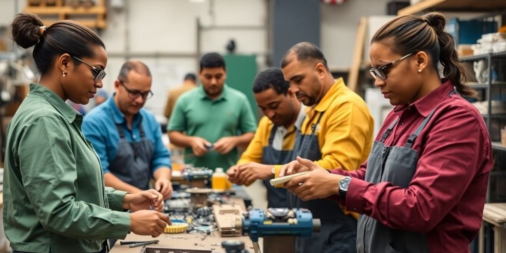 Técnicos trabalhando em ambiente colaborativo e produtivo.