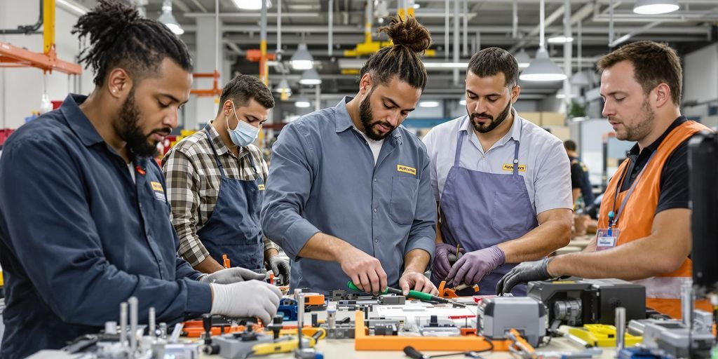 Profissionais técnicos colaborando em um ambiente moderno.