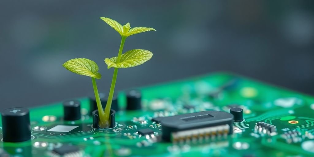 Planta verde crescendo em uma placa de circuito.