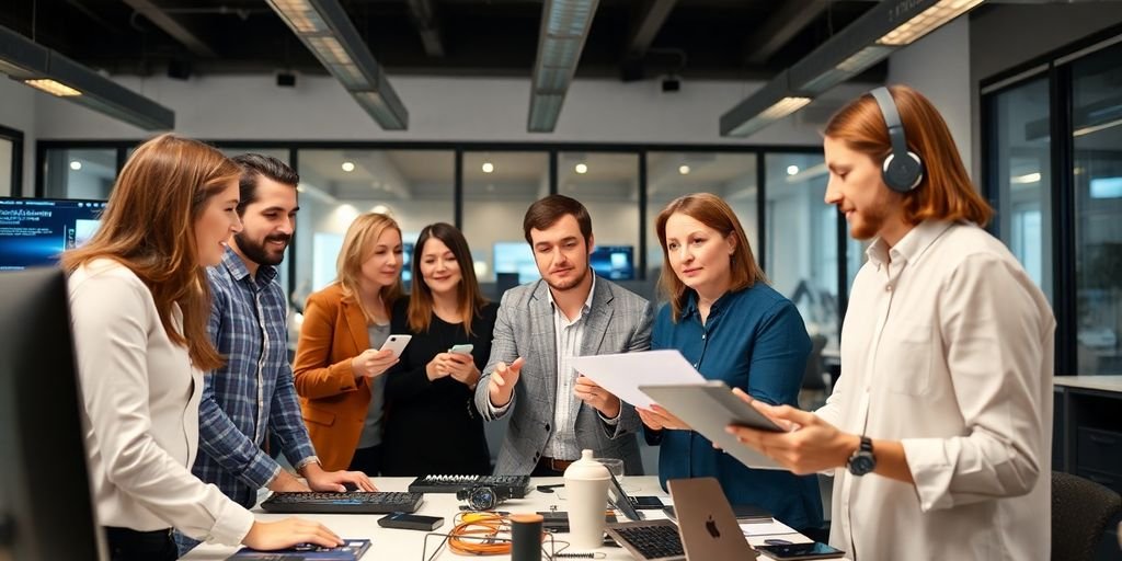 Equipe colaborando em um ambiente moderno de trabalho.