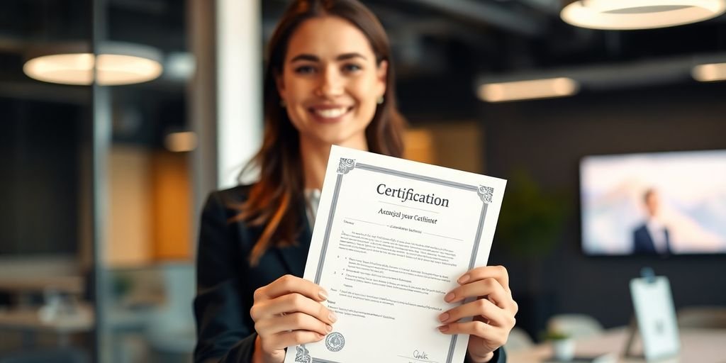 Profissional com certificação em ambiente de escritório moderno.