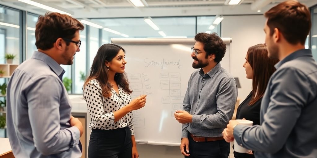 Equipe profissional discutindo estratégias em um ambiente moderno.