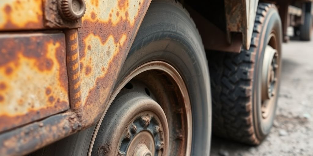 Veículo de transporte descuidado com ferrugem e pneus desgastados.